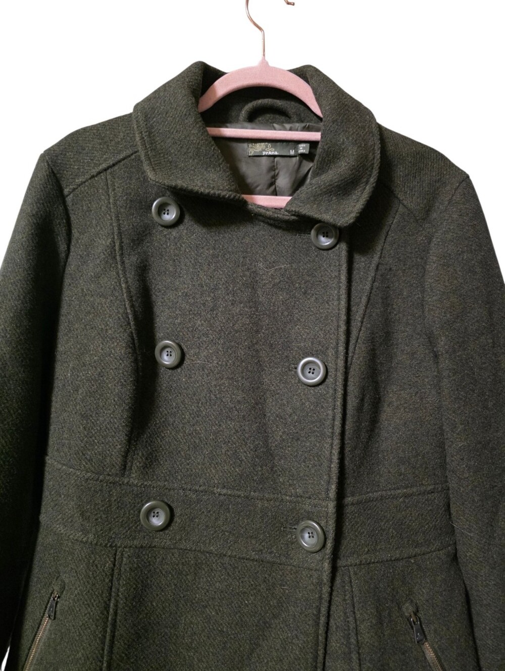 Prana Wool Blend Mid Length Olive Green Coat - Picture 2 of 6